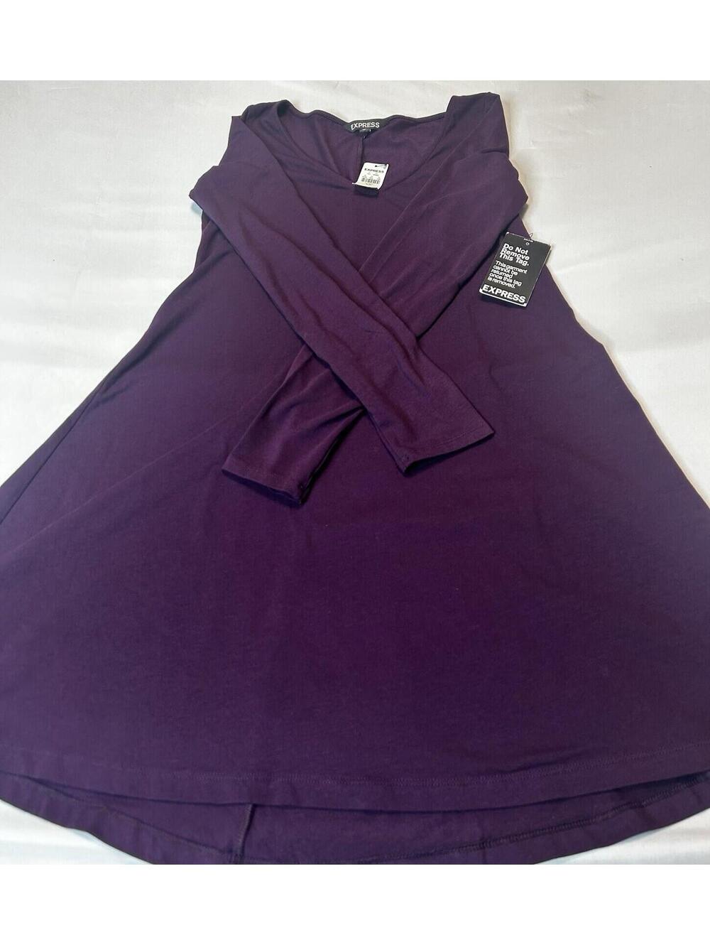 NWT Express S/P Purple Faux Wrap V-Neck Dress 3/4 Sleeve Knit Midi A-Line